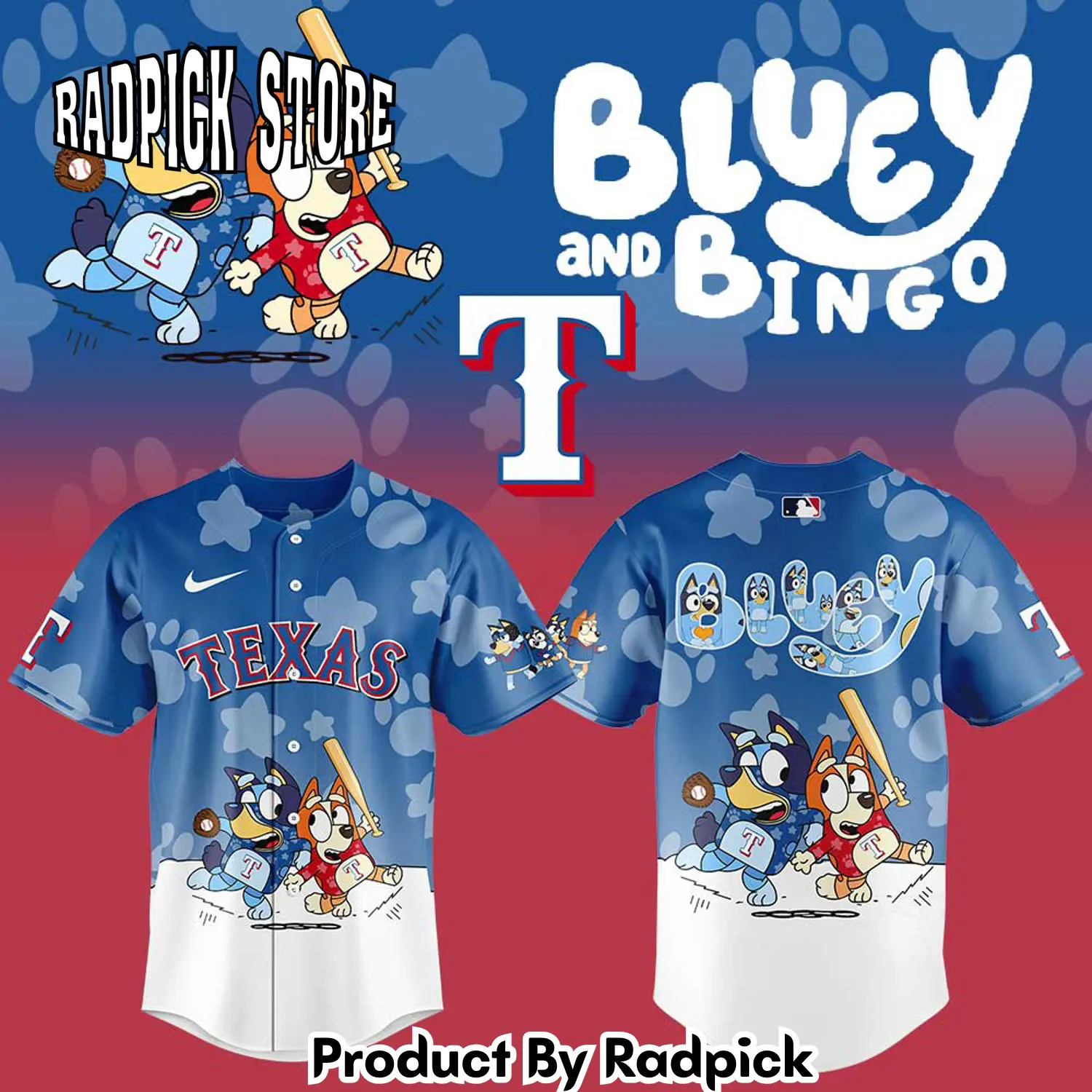 Radpick texas rangers bluey and bingo baseball jersey rp12731